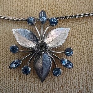 KREMENTZ Vintage Floral Necklace Silver Tone Setting Blue Rhinestones